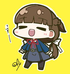 Rule 34 | 1girl, = =, absurdres, black pantyhose, blazer, blue jacket, blunt bangs, braid, brown footwear, brown hair, chibi, chibi only, collared shirt, dress, french braid, grey dress, half updo, hashtag-only commentary, highres, jacket, long hair, long sleeves, love live!, love live! superstar!!, low twintails, neck ribbon, oofushi ao, open clothes, open jacket, open mouth, outline, pantyhose, red ribbon, ribbon, sakurakoji kinako, school uniform, shirt, signature, smile, solo, translated, twintails, white outline, white shirt, winter uniform, yellow background, yuigaoka school uniform