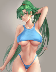 Rule 34 | 1girl, alternate breast size, arm at side, arm behind head, arm up, armpits, artist name, bare hips, bikini, blue bikini, breasts, chihunhentai, closed mouth, collarbone, covered erect nipples, cowboy shot, fire emblem, fire emblem: the blazing blade, green eyes, green hair, grey background, hair between eyes, head tilt, high ponytail, highres, large breasts, long hair, looking at viewer, lyn (fire emblem), navel, nintendo, pink lips, simple background, smile, solo, stomach, swimsuit, thigh gap, underboob, very long hair, water, wet