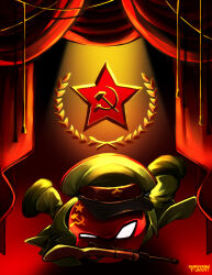 Rule 34 | absurdres, bolt action, coat, commentary request, communism, countryball, curtains, full body, green coat, green headwear, gun, hammer and sickle, hat, highres, looking at viewer, military hat, mosin-nagant, no humans, peaked cap, red star, rifle, sharks sk art, soviet, sovietball, spotlight, star (symbol), weapon