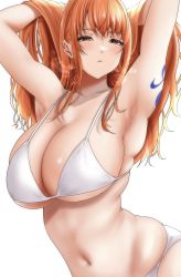 Rule 34 | 1girl, arm tattoo, armpits, arms up, bikini, breasts, brown eyes, cleavage, highres, large breasts, long hair, moriton, nami (one piece), navel, one piece, orange hair, parted lips, simple background, solo, stomach, swimsuit, tattoo, upper body, very long hair, white background, white bikini, wide hips