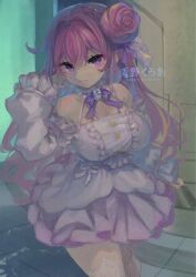 Rule 34 | 1girl, artist name, braid, breasts, closed mouth, detached sleeves, dorothy (nikke), dress, frilled dress, frills, frown, goddess of victory: nikke, hair bun, hair ribbon, iq2coore, large breasts, long hair, looking at viewer, pink hair, purple eyes, purple ribbon, ribbon, solo, white dress
