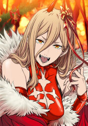 Rule 34 | 1girl, bare shoulders, breasts, chainsaw man, christmas, cross-shaped pupils, detached sleeves, fingernails, fur trim, hair between eyes, horns, isse, long bangs, long fingernails, looking at viewer, medium breasts, open mouth, pink hair, power (chainsaw man), red horns, red ribbon, ribbon, sharp teeth, solo, symbol-shaped pupils, teeth, yellow eyes