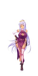 Rule 34 | 1girl, absurdres, bibyo, blue eyes, boots, breasts, china dress, chinese clothes, cleavage, cleavage cutout, clothing cutout, dark skin, dark-skinned female, detached sleeves, dress, female focus, full body, hands on own hips, highres, hikage eiji, koihime musou, kougai, large breasts, light purple hair, long hair, looking at viewer, mole, mole under mouth, official art, pelvic curtain, ponytail, shin koihime musou, sidelocks, silver hair, sleeveless, smile, solo, standing, thighhighs, transparent background, very long hair