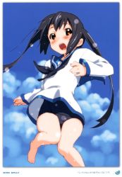 Rule 34 | 1girl, 2011, absurdres, barefoot, black hair, blush, brown eyes, cloud, cosplay, dated, day, errant, highres, k-on!, long hair, miyafuji yoshika, miyafuji yoshika (cosplay), nakano azusa, open mouth, round teeth, school swimsuit, school uniform, serafuku, sky, solo, strike witches, swimsuit, swimsuit under clothes, teeth, twintails, world witches series