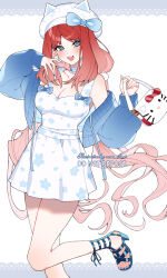 Rule 34 | 1girl, alternate costume, blue eyes, blue jacket, breasts, cleavage, clip studio paint (medium), dress, floral print, genshin impact, highres, jacket, large breasts, long hair, medium breasts, nana illust, nilou (genshin impact), open clothes, open jacket, red hair, sandals, sleeveless, sleeveless dress, solo, very long hair, white bag, white dress, white headwear