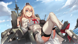 Rule 34 | 10s, 1girl, black footwear, blonde hair, blue eyes, braid, breasts, cloud, corset, crossed legs, crown, day, deras, dress, flower, french braid, full body, garter straps, hair between eyes, hairband, high heels, kantai collection, lips, long hair, long sleeves, machinery, mary janes, medium breasts, mini crown, off-shoulder dress, off shoulder, outdoors, parted lips, red flower, red ribbon, red rose, red soles, ribbon, rose, shoes, shoes focus, short dress, sitting, solo, thighhighs, thighs, warspite (kancolle), white dress, white thighhighs