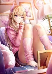 Rule 34 | 1girl, barefoot, black shorts, blonde hair, cellphone, commentary request, cup, curly hair, demon tail, frown, full body, highres, holding, holding cup, horns, jewelry, knees up, lamp, lampshade, long hair, looking at viewer, multiple rings, nail polish, on chair, original, phone, picture frame, pillow, pink eyes, pink horns, pink shirt, pink socks, pink tail, plant, pointy ears, potted plant, ring, shirt, shorts, smartphone, socks, steam, tail, toenail polish, toenails, toes, tokeshi