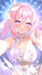 Rule 34 | 1girl, absurdres, bare shoulders, blue background, blush, breasts, cleavage, clothing cutout, elysia (herrscher of human: ego) (honkai impact), elysia (honkai impact), hair between eyes, highres, honkai (series), honkai impact 3rd, large breasts, long hair, looking at viewer, pink eyes, pink hair, pink pupils, shirt, side cutout, signature, smile, solo, triquetra, umiusea works, upper body, very long hair, white shirt, white veil