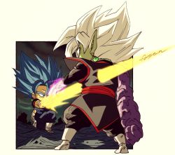 Rule 34 | 2boys, arm at side, black pants, blue hair, boots, chibi, city, colored skin, commentary request, dark sky, dougi, dragon ball, dragon ball super, earrings, energy sword, facing away, fenyon, full body, fused zamasu, gloves, goku black, green skin, jewelry, kneeling, legs apart, long sleeves, looking at another, male focus, multiple boys, outdoors, outside border, outstretched arm, pants, potara earrings, profile, spiked hair, stab, standing, super saiyan, super saiyan blue, sword, twitter username, vegetto, weapon, white footwear, white gloves, white hair, wide-eyed, zamasu