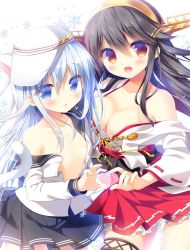 Rule 34 | 10s, 2girls, animal ears, bare shoulders, black hair, blue eyes, blue hair, breasts, brown eyes, cat ears, cat tail, cleavage, convenient censoring, hair ornament, hairband, hairclip, haruna (kancolle), hat, heart, heart hands, heart hands duo, hibiki (kancolle), japanese clothes, kantai collection, long hair, miko, multiple girls, no bra, off shoulder, open clothes, open mouth, open shirt, sarashi, sasai saji, school uniform, shirt, skirt, small breasts, smile, tail, thighhighs