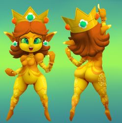 Rule 34 | 1girl, ass, breasts, brown hair, colored sclera, crown, gradient background, green eyes, green sclera, highres, huge ass, mario (series), monster girl, nintendo, outta sync, pointy ears, princess daisy, shortstack, solo, super mario bros. 1, super mario land, wide hips