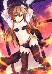 Rule 34 | alternate costume, armor, arms up, artist name, back bow, bikini, bikini armor, binato lulu, black bikini, black thighhighs, blush, bow, brown hair, collar, commentary request, cosplay, gloves, granblue fantasy, green eyes, hair between eyes, hair ornament, if (neptunia), long hair, looking at viewer, navel, neptune (series), night, night sky, open mouth, sky, solo, swimsuit, thighhighs, v-shaped eyebrows, yuel (granblue fantasy), yuel (granblue fantasy) (cosplay)