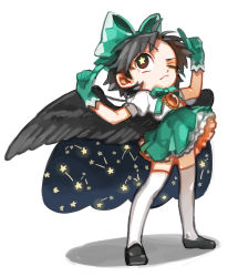 Rule 34 | 1girl, adapted costume, alternate costume, alternate hair length, alternate hairstyle, bad id, bad pixiv id, black hair, black wings, bow, bowtie, cape, constellation, full body, gloves, green gloves, hair ribbon, highres, looking up, one eye closed, puffy sleeves, red eyes, reiuji utsuho, ribbon, shirt, shoes, short hair, short sleeves, simple background, skirt, solo, star-shaped pupils, star (symbol), symbol-shaped pupils, thighhighs, third eye, touhou, usudaidai, white background, white thighhighs, wings, yai (hachihito), zettai ryouiki