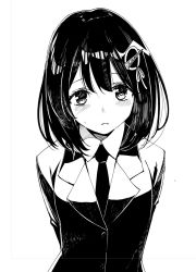 Rule 34 | 1girl, arm behind back, black hair, blazer, commentary request, greyscale, haguro (kancolle), hair ornament, hairclip, highres, jacket, kantai collection, looking at viewer, masukuza j, monochrome, necktie, school uniform, solo, upper body