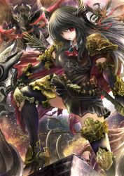 Rule 34 | 1girl, armor, belt pouch, black gloves, black hair, black thighhighs, boots, breasts, dragon, elbow gloves, forte (shingeki no bahamut), gloves, highres, holding, holding weapon, horns, long hair, looking at viewer, morozumi (ratexizuki), pouch, red eyes, red neckwear, shadowverse, shingeki no bahamut, solo, thighhighs, very long hair, weapon