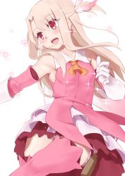 Rule 34 | 1girl, armpits, bare shoulders, blonde hair, blush, breasts, commentary request, fate/kaleid liner prisma illya, fate (series), gloves, highres, illyasviel von einzbern, jilu, long hair, looking at viewer, red eyes, smile, solo, teeth, upper teeth only, white gloves