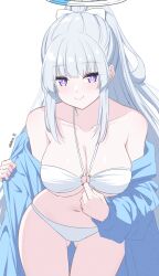 Rule 34 | 1girl, bare shoulders, bikini, bikini under clothes, blue archive, blue jacket, bow, breasts, cleavage, closed mouth, collarbone, commentary, cowboy shot, gluteal fold, grey hair, hair bow, halo, halterneck, highres, jacket, large breasts, leaning forward, long hair, long sleeves, looking at viewer, navel, noa (blue archive), o-ring, o-ring bikini, o-ring top, off shoulder, open clothes, open jacket, ponytail, puffy long sleeves, puffy sleeves, purple eyes, reia 76, simple background, smile, solo, standing, swimsuit, thigh gap, twitter username, very long hair, white background, white bikini, white bow