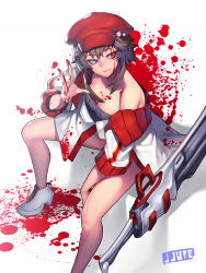 Rule 34 | 1girl, bare shoulders, black dress, blood, blood on face, blood splatter, blood on clothes, blood on hands, breasts, brown hair, cleavage, dress, hat, heterochromia, highres, jacket, jjune, long sleeves, looking at viewer, off shoulder, open clothes, open jacket, original, sitting, solo