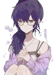 Rule 34 | 1girl, absurdres, cardigan, cardigan partially removed, closed mouth, commentary, fingernails, flower, glasses, high ponytail, highres, jewelry, knees up, lingjiu yuki, long hair, long sleeves, necklace, project sekai, purple cardigan, purple eyes, purple flower, purple hair, sitting, sleeveless, solo, wavy hair, white background
