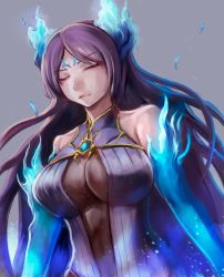 Rule 34 | 1girl, bare shoulders, breasts, brighid (xenoblade), collarbone, dress, closed eyes, fire, highres, large breasts, long hair, nintendo, purple hair, solo, tomoichi, xenoblade chronicles (series), xenoblade chronicles 2, xenoblade chronicles (series), xenoblade chronicles 2