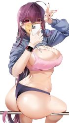 Rule 34 | 1girl, ahoge, ass, back, black jacket, bra, breasts, cellphone, cleavage, commentary, cropped hoodie, damda, fate/grand order, fate (series), from behind, grey hoodie, hair behind ear, hair between eyes, hair intakes, highres, holding, holding phone, hood, hoodie, jacket, kirby (series), large breasts, long hair, long sleeves, looking at viewer, looking back, mask, nail polish, nintendo, phone, pink bra, purple hair, red eyes, red nails, scathach (fate), simple background, sitting, smartphone, solo, sports bra, symbol-only commentary, underwear, very long hair, waddle dee, white background