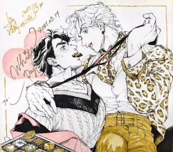 Rule 34 | 2021, 2boys, animal print, blush, buttons, chocolate, commentary request, couple, dated, dio brando, ear birthmark, english text, greyscale, heart, highres, jacket, jojo no kimyou na bouken, jonathan joestar, leopard print, long sleeves, looking at another, male focus, meng bu chong, monochrome, mouth hold, multiple boys, muscular, muscular male, pants, phantom blood, shirt, short hair, signature, smile, spot color, sweatdrop, sweater, tongue, tongue out, vest, white day, yaoi