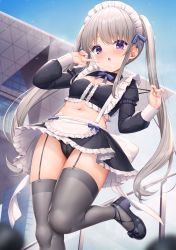 Rule 34 | 1girl, apron, black footwear, black panties, black shirt, black skirt, blue bow, blue sky, blush, bow, breasts, cameltoe, center frills, cleft of venus, cloud, commentary request, crop top, day, feet out of frame, frilled shirt, frilled skirt, frills, garter straps, grey hair, grey thighhighs, highres, layered sleeves, long hair, long sleeves, looking at viewer, maid, maid headdress, midriff, navel, original, outdoors, panties, parted lips, puffy short sleeves, puffy sleeves, purple eyes, shirt, shoes, short over long sleeves, short sleeves, skirt, sky, small breasts, solo, standing, standing on one leg, thighhighs, tokyo big sight, twintails, underwear, very long hair, waist apron, wakuta chisaki, white apron