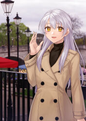 Rule 34 | :d, absurdres, alternate costume, black sweater, casual, coat, commission, contemporary, fire emblem, fire emblem: radiant dawn, grey hair, half updo, hand up, hazuki (nyorosuke), highres, lapels, long hair, long sleeves, looking at viewer, micaiah (fire emblem), nintendo, open mouth, outdoors, photo inset, skeb commission, smile, sweater, turtleneck, turtleneck sweater, yellow eyes