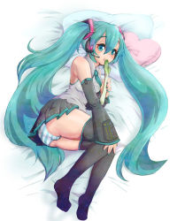 Rule 34 | 1girl, aqua eyes, aqua hair, ass, bad id, bad pixiv id, detached sleeves, female focus, from above, full body, hatsune miku, headphones, headset, kayu (kayu708), long hair, lying, necktie, on side, panties, pillow, skirt, solo, spring onion, striped clothes, striped panties, thighhighs, twintails, underwear, very long hair, vocaloid, white background