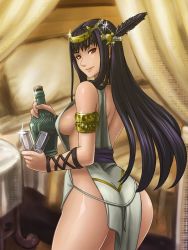 Rule 34 | 1girl, ass, bare shoulders, bed, black hair, bottle, breasts, feathers, from behind, fushisha o, glass, hrist valkyrie, long hair, looking back, pillow, red eyes, sideboob, smile, solo, standing, valkyrie profile (series)