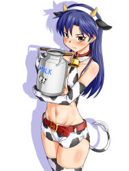 Rule 34 | 1girl, animal ears, animal print, bell, belt, blue hair, breasts, collar, cosplay, cow, cow ears, cow horns, cow print, cow tail, cowbell, elbow gloves, embarrassed, female focus, gloves, holding, horns, idolmaster, idolmaster (classic), idolmaster cinderella girls, kisaragi chihaya, long hair, midriff, milk, navel, neck bell, oikawa shizuku, oikawa shizuku (cosplay), punto, shorts, small breasts, solo, tail, tears, thighhighs