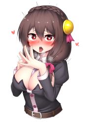 Rule 34 | 1girl, absurdres, ahegao, belt, blush, braid, breasts, brown belt, brown hair, cleavage, commentary request, cropped torso, crown braid, hair between eyes, hair ornament, hair ribbon, hands up, hapy (parkhyunjae9494), heart, heart-shaped pupils, heavy breathing, highres, juliet sleeves, kono subarashii sekai ni shukufuku wo!, large breasts, long hair, long sleeves, looking at viewer, open mouth, own hands together, puffy sleeves, red eyes, ribbon, solo, symbol-shaped pupils, tongue, tongue out, transparent background, upper body, white background, yunyun (konosuba)