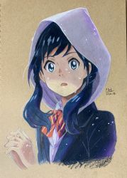 Rule 34 | 1girl, absurdres, amano hina (tenki no ko), bad id, bad pixiv id, blue eyes, blue hair, blue jacket, bow, bowtie, brown background, colored pencil (medium), cropped torso, highres, hood, hood up, jacket, long hair, looking at viewer, open mouth, own hands clasped, own hands together, p.art, red bow, red bowtie, solo, striped bow, striped bowtie, striped clothes, striped neckwear, tenki no ko, traditional media