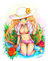 Rule 34 | 10s, 1girl, :d, aqua eyes, barefoot, bikini, blonde hair, blue eyes, bracelet, breasts, cleavage, cordelia glauca, flower, hat, hibiscus, highres, jewelry, kara (color), kneeling, long hair, necklace, open clothes, open mouth, open shirt, sarong, shirt, side-tie bikini bottom, smile, solo, strap gap, sun hat, swimsuit, tantei opera milky holmes, thigh gap, twintails, watch, wristwatch