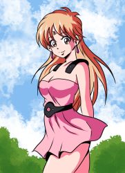 Rule 34 | 1990s (style), 1girl, arms behind back, belt, blonde hair, breasts, brown eyes, cleavage, cloud, cowboy shot, dangle earrings, dragon quest, dragon quest dai no daibouken, dress, earrings, female focus, highres, jewelry, long hair, outdoors, pink dress, princess leona, retro artstyle, short dress, smile, solo, strapless, strapless dress