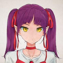 Rule 34 | 1girl, akagi (fmttps), alternate hairstyle, bad id, bad pixiv id, choker, gegege no kitarou, grey background, hair ribbon, looking at viewer, nekomusume, nekomusume (gegege no kitarou 6), pointy ears, purple hair, red choker, red ribbon, ribbon, short hair, simple background, solo, twintails, upper body, yellow eyes