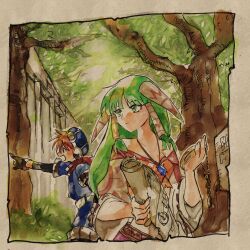 Rule 34 | 1boy, 1girl, blue hat, blue shorts, blurry, blurry background, compass, des69, feena (grandia), forest, goggles, goggles on head, grandia, grandia i, green eyes, green hair, hat, highres, holding, holding scroll, justin (grandia), long hair, nature, off shoulder, outdoors, ponytail, red hair, scroll, shorts, strapless, tree, tube top