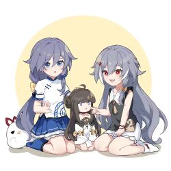 Rule 34 | 3girls, :o, aged down, ahoge, animal, blue skirt, blue socks, book of fuxi, bow, braid, breasts, brown hair, chinese clothes, chinese commentary, dual persona, flat chest, fu hua, fu hua (herrscher of sentience), grey hair, hand on another&#039;s head, honkai (series), honkai impact 3rd, jingwei (bird), kneeling, long hair, multicolored hair, multiple girls, open hand, open mouth, qqqne, red eyes, shirt, simple background, skirt, small breasts, socks, streaked hair, white shirt, white socks, yellow bow
