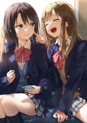 Rule 34 | 2girls, absurdres, adachi sakura, adachi to shimamura, black hair, blue eyes, blunt bangs, blush, bow, brown hair, buttons, clenched hand, collared shirt, finger to face, grey skirt, hair ornament, hairclip, highres, holding, holding phone, laughing, looking at another, multiple girls, open mouth, phone, pink bow, pleated skirt, pomu (joynet), pout, school uniform, shimamura hougetsu, shirt, signature, skirt, teardrop, teeth, thighs, upper teeth only, white shirt