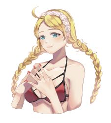 Rule 34 | 1girl, absurdres, ahoge, alternate costume, bare shoulders, bikini, blonde hair, blue eyes, braid, breasts, cleavage, closed mouth, commission, commissioner upload, fire emblem, fire emblem fates, flower, hairband, highres, lapislazulite, long hair, medium breasts, nail polish, nina (fire emblem), nintendo, non-web source, red bikini, red nails, solo, swimsuit, transparent background, twin braids, underboob