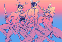 Rule 34 | 4boys, abs, animal costume, antlers, arm behind back, bara, bare pectorals, briefs, bulge, buzz cut, christmas, copyright request, deer tail, expressionless, fabulous, facial hair, feet out of frame, glasses, goatee stubble, gradient background, holding, holding staff, horns, looking at viewer, male focus, male underwear, monochrome, multiple boys, muscular, muscular male, navel, nipples, pectorals, reindeer antlers, reindeer costume, short hair, siyouko, staff, standing, stubble, tail, thick eyebrows, thick thighs, thighs, toned, toned male, topless male, underwear, very short hair