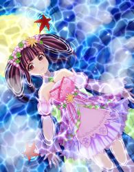 Rule 34 | 10s, 1girl, bad id, bad pixiv id, bare shoulders, blunt bangs, blush, caustics, closed mouth, dress, floating hair, from above, highres, idolmaster, idolmaster cinderella girls, jewelry, leaf, looking at viewer, necklace, ogata chieri, see-through, solo, water, yuyoko