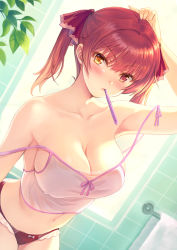 Rule 34 | 1girl, absurdres, bare shoulders, blush, breasts, camisole, cleavage, collarbone, commentary request, hair ribbon, heterochromia, highres, himamo, hololive, houshou marine, indoors, lace, lace-trimmed panties, lace trim, large breasts, long hair, looking at viewer, mouth hold, navel, panties, red eyes, red hair, red panties, red ribbon, ribbon, see-through, short twintails, solo, strap slip, tile wall, tiles, toothbrush, toothbrush in mouth, towel, towel rack, twintails, underwear, underwear only, virtual youtuber, yellow eyes