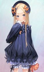 Rule 34 | 1girl, abigail williams (fate), black bow, black dress, black hat, blonde hair, bloomers, blue eyes, bow, breasts, dress, fate/grand order, fate (series), forehead, hair bow, hat, highres, long hair, multiple hair bows, orange bow, parted bangs, pokan (xz1128), polka dot, polka dot bow, ribbed dress, sleeves past fingers, sleeves past wrists, small breasts, stuffed animal, stuffed toy, teddy bear, underwear, white bloomers