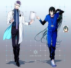 Rule 34 | 2boys, :o, adjusting clothes, belt, bespectacled, black-framed eyewear, black footwear, black hair, black pants, black undershirt, blue eyes, blue necktie, blue pants, blue shirt, brown belt, clipboard, coat, doctor, english text, fate/grand order, fate (series), flats, full body, futaba hazuki, glasses, gradient background, gradient necktie, green eyes, grey background, hair between eyes, hair flip, highres, holding, holding clipboard, id card, lab coat, lanyard, layered sleeves, long hair, long sleeves, looking at another, looking to the side, low ponytail, male focus, medical scrubs, multicolored hair, multiple boys, necktie, official alternate costume, open clothes, open coat, open mouth, outstretched hand, pants, parted lips, pointing, purple necktie, rectangular eyewear, riyo (lyomsnpmp) (style), round eyewear, semi-rimless eyewear, shirt, shirt tucked in, shoes, short hair, short over long sleeves, short sleeves, sidelocks, sigurd (fate), slouching, spiked hair, standing, stethoscope, teeth, two-tone hair, under-rim eyewear, undershirt, upper teeth only, very long hair, walking, watch, white coat, white footwear, white hair, wristwatch, yan qing (fate)