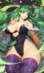 Rule 34 | 1girl, animal print, bare shoulders, bat (animal), bat print, black leotard, breasts, bridal gauntlets, cleavage, clothing cutout, collarbone, commentary, fingernails, fur trim, green eyes, green hair, gurimjang, hand on own chest, hand up, head wings, heart cutout, highleg, highleg leotard, highres, large breasts, leotard, lipstick, long sleeves, makeup, morrigan aensland, parted lips, print thighhighs, revision, shiny clothes, simple background, smile, solo, standing, strapless, strapless leotard, thighhighs, thighs, vampire (game), wings