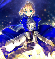 Rule 34 | 1girl, ahoge, armor, armored dress, artoria pendragon (all), artoria pendragon (fate), blonde hair, blue dress, blue eyes, blue ribbon, dress, excalibur (fate/stay night), fate/stay night, fate (series), gauntlets, hair ribbon, holding, holding sword, holding weapon, invisible air (fate), looking at viewer, ribbon, saber (fate), sakuyosi, short hair, solo, standing, sword, weapon