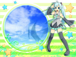 Rule 34 | 1girl, aisora, blue eyes, blue hair, detached sleeves, female focus, full body, hatsune miku, headset, highres, long hair, looking at viewer, matching hair/eyes, necktie, skirt, solo, standing, thighhighs, twintails, very long hair, vocaloid