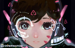 Rule 34 | !, 1girl, absurdres, bad id, bad pixiv id, blue eyes, brown hair, copyright name, d.va (overwatch), facial mark, headgear, highres, holographic interface, jun (5455454541), lips, looking at viewer, marker (medium), overwatch, overwatch 1, parted lips, portrait, sign, solo, traditional media, warning sign, whisker markings