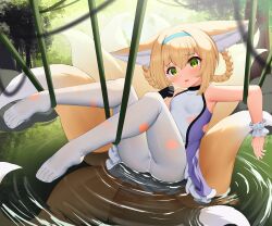 Rule 34 | 1girl, absurdres, animal ear fluff, animal ears, arknights, bare shoulders, black gloves, blonde hair, blue hairband, bluerabbit gap, blush, braid, braided hair rings, breasts, commentary request, dress, fox ears, fox girl, fox tail, frilled dress, frills, gloves, green eyes, hair between eyes, hair rings, hairband, highres, looking at viewer, no shoes, panties, panties under pantyhose, pantyhose, parted lips, plant, purple dress, reflection, ripples, single glove, sleeveless, sleeveless dress, small breasts, solo, suzuran (arknights), tail, torn clothes, torn dress, torn pantyhose, twin braids, underwear, vines, water, white panties, white pantyhose, wrist cuffs